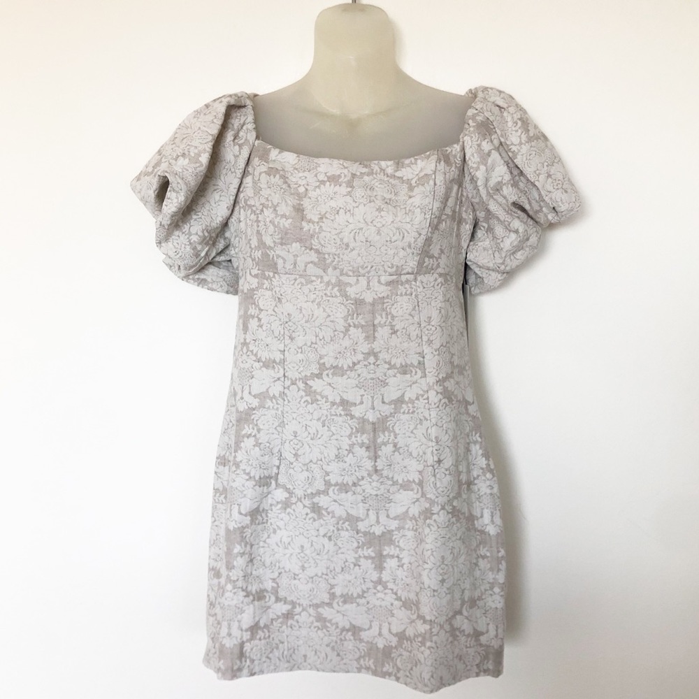 Willow Womens Lucia Sand Floral Convertible Puff Sleeve Linen Mini Dress